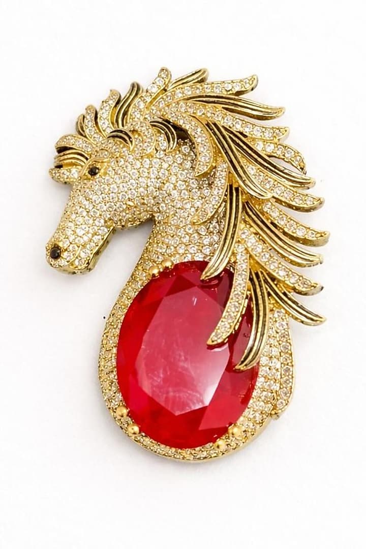 Gold Finish Ruby Doublet & CZ Stone Horse Brooch by JewelTreeTz at Pernia's Pop Up Shop