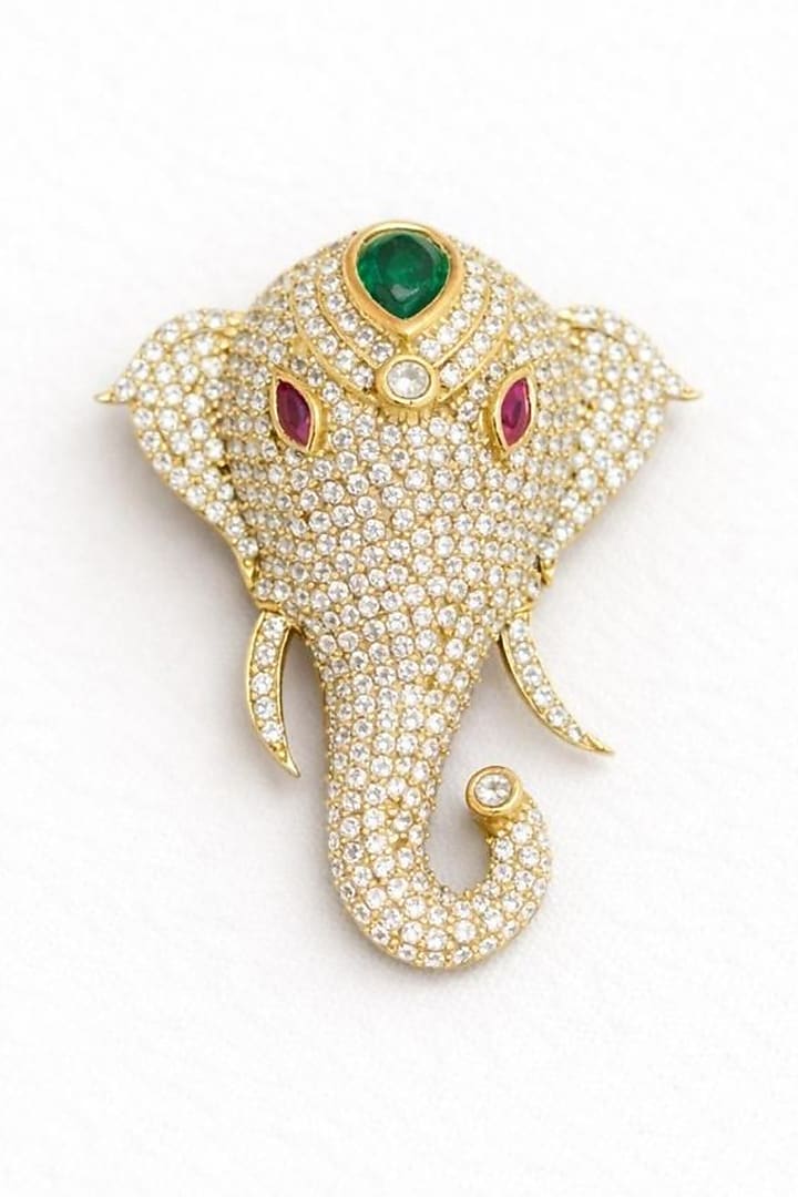 Gold Finish Emerald Doublet & CZ Stone Elephant Brooch by JewelTreeTz at Pernia's Pop Up Shop