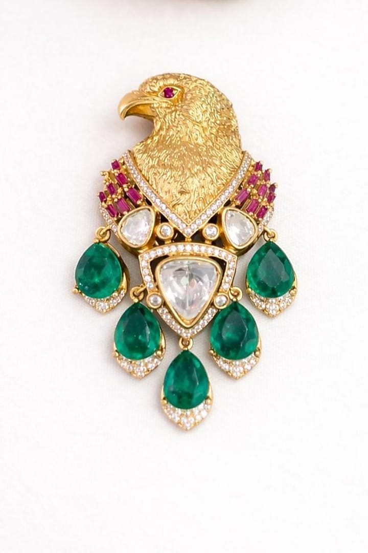 Gold Finish Moissanite Polki & CZ Stone Eagle Brooch by JewelTreeTz at Pernia's Pop Up Shop