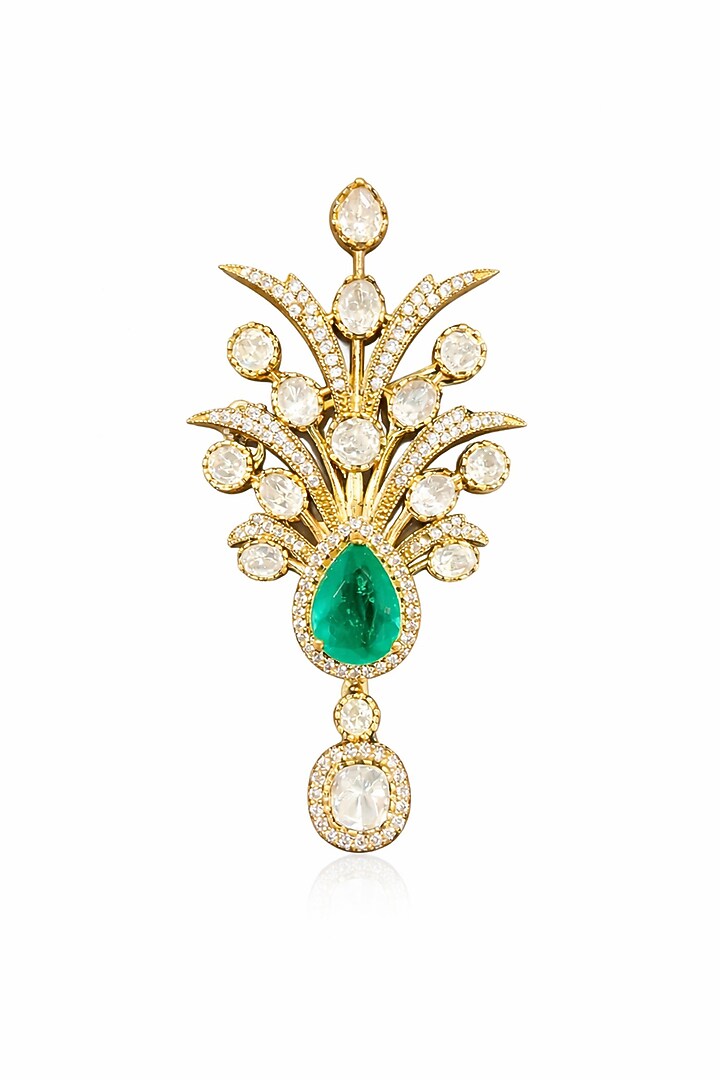 Gold Finish Moissanite Polki & Emerald Doublet Stone Feather Brooch by JewelTreeTz at Pernia's Pop Up Shop