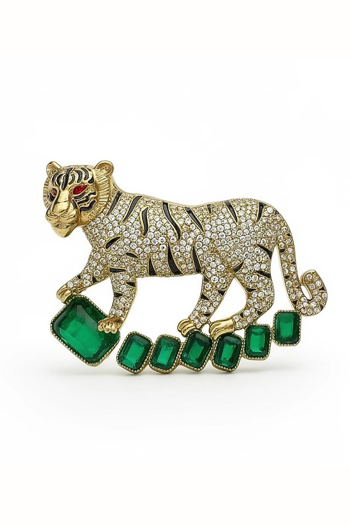 Gold Finish Emerald Doublet & CZ Stone Tiger Brooch by JewelTreeTz at Pernia's Pop Up Shop