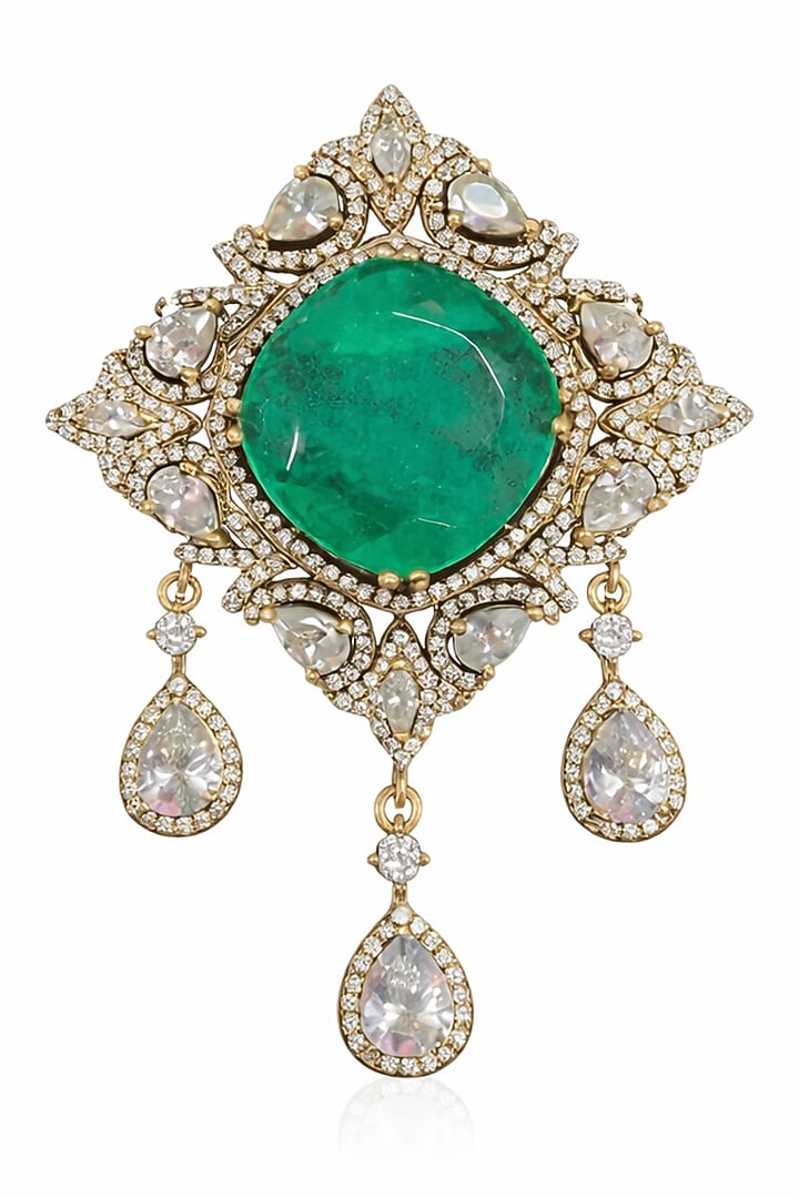 Gold Finish Emerald Doublet & Kundan Polki Carre Brooch by JewelTreeTz at Pernia's Pop Up Shop