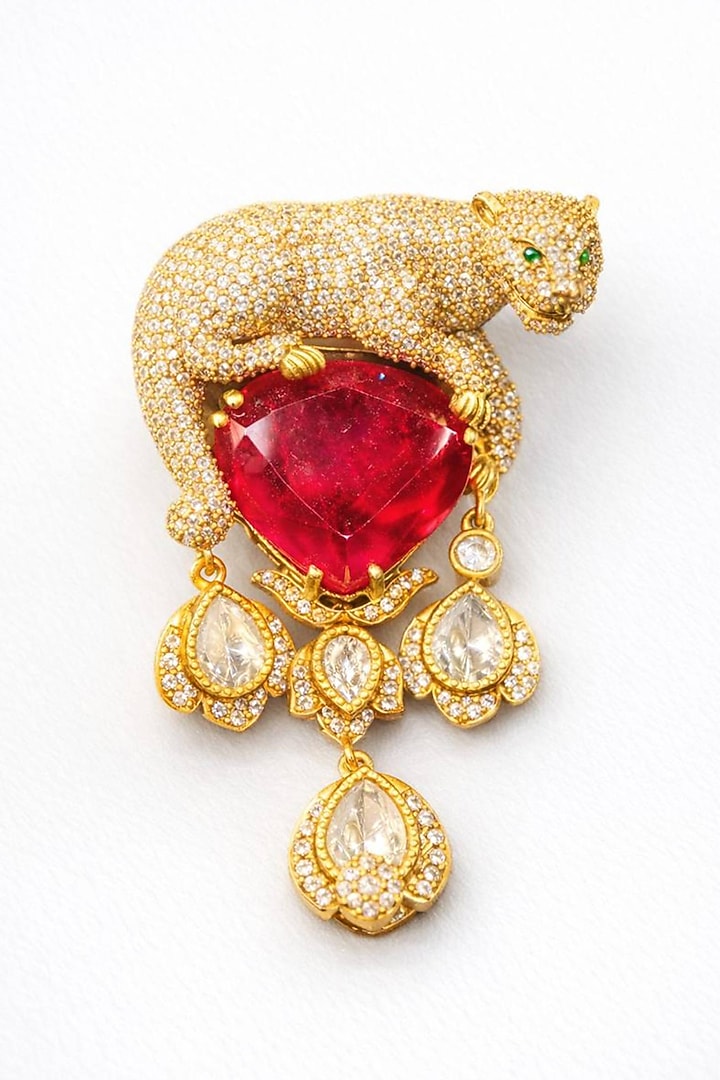 Gold Finish Moissanite & Ruby Doublet Panther Brooch by JewelTreeTz at Pernia's Pop Up Shop