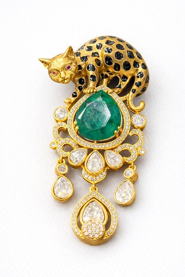 Gold Finish Moissanite & Emerald Doublet Cheetah Brooch by JewelTreeTz at Pernia's Pop Up Shop