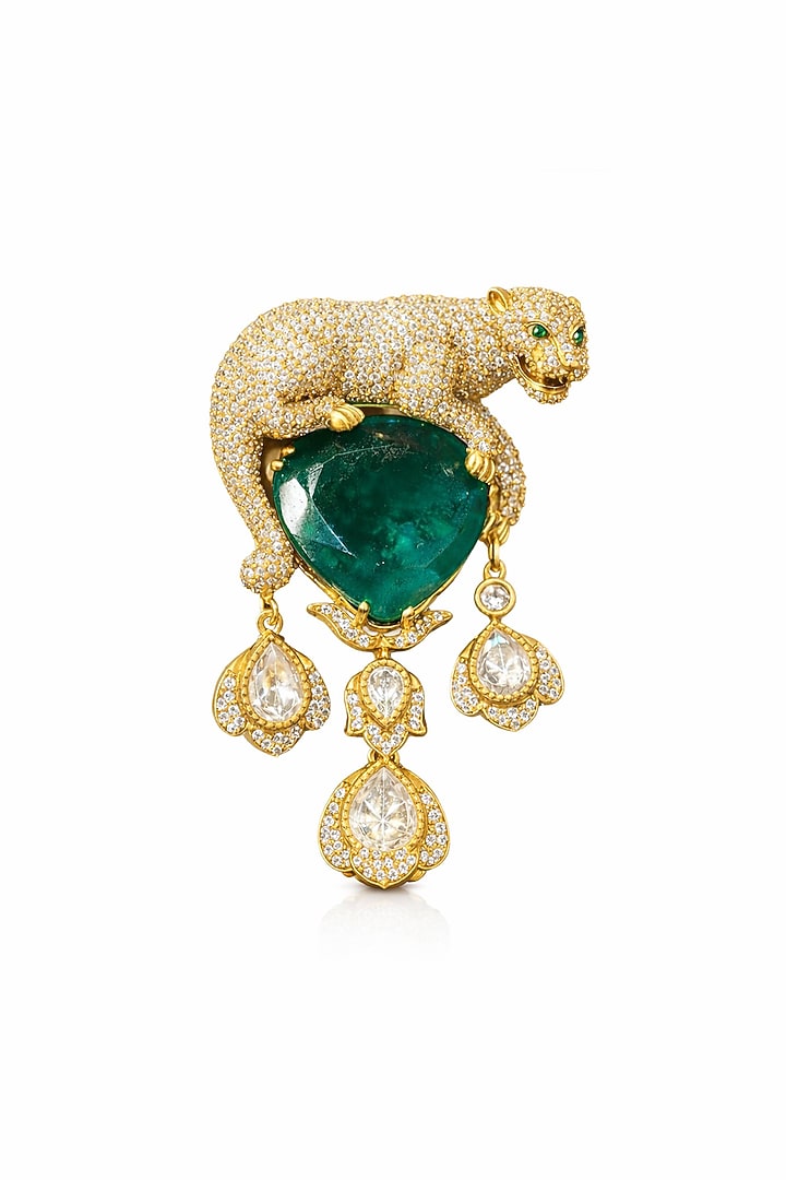 Gold Finish Moissanite & Emerald Doublet Panther Brooch by JewelTreeTz at Pernia's Pop Up Shop