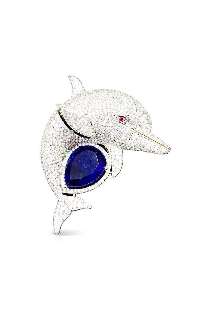 Gold Finish Blue Sapphire & CZ Stone Dolphin Brooch by JewelTreeTz at Pernia's Pop Up Shop