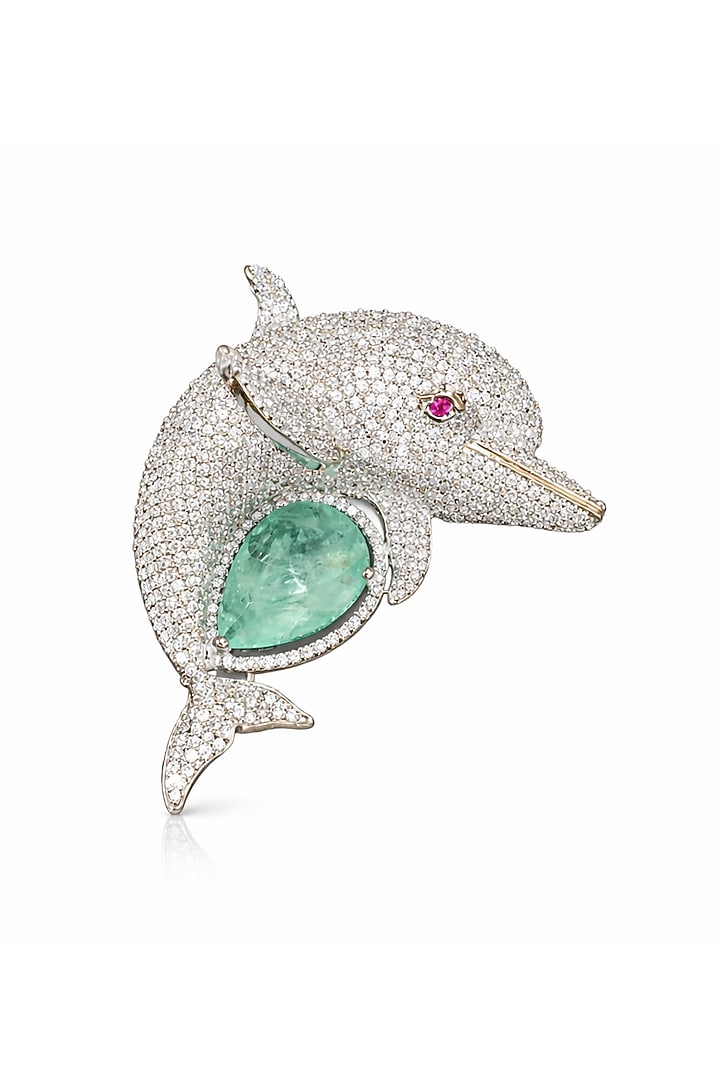 Gold Finish Mint Green & CZ Stone Dolphin Brooch by JewelTreeTz at Pernia's Pop Up Shop