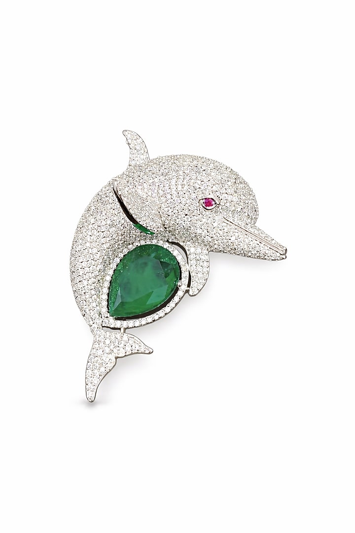 Gold Finish Emerald Doublet & CZ Stone Dolphin Brooch by JewelTreeTz at Pernia's Pop Up Shop