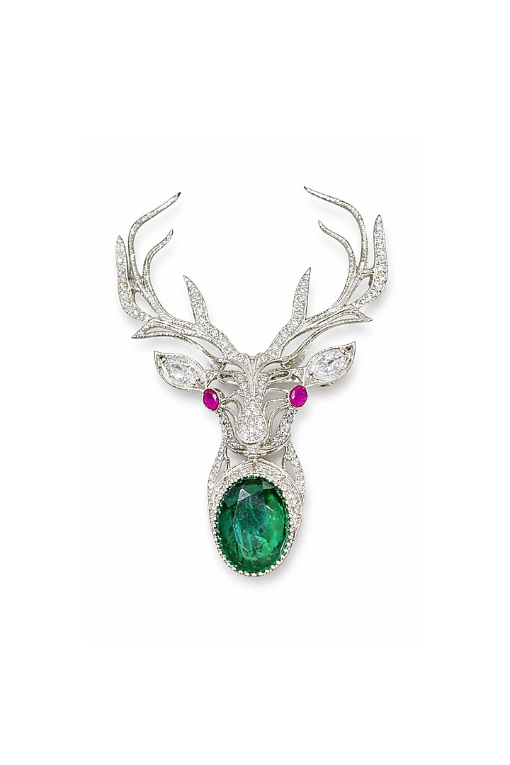 White Rhodium Finish Moissanite & CZ Stone Antler Brooch by JewelTreeTz at Pernia's Pop Up Shop