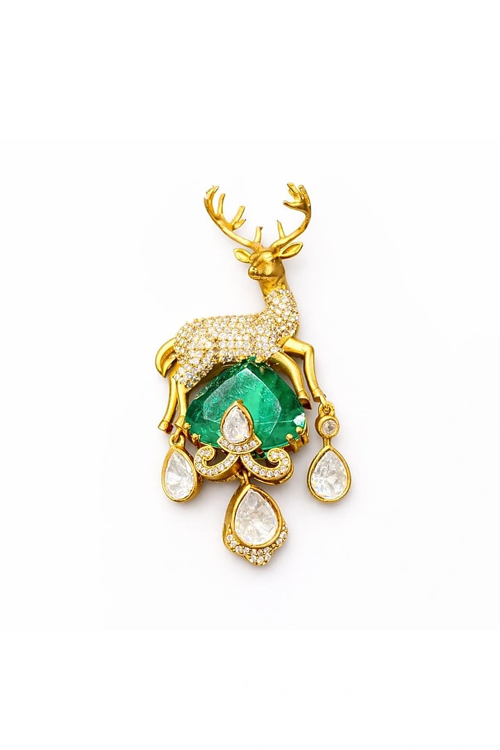 Gold Finish Moissanite & Emerald Doublet Antler Brooch by JewelTreeTz at Pernia's Pop Up Shop