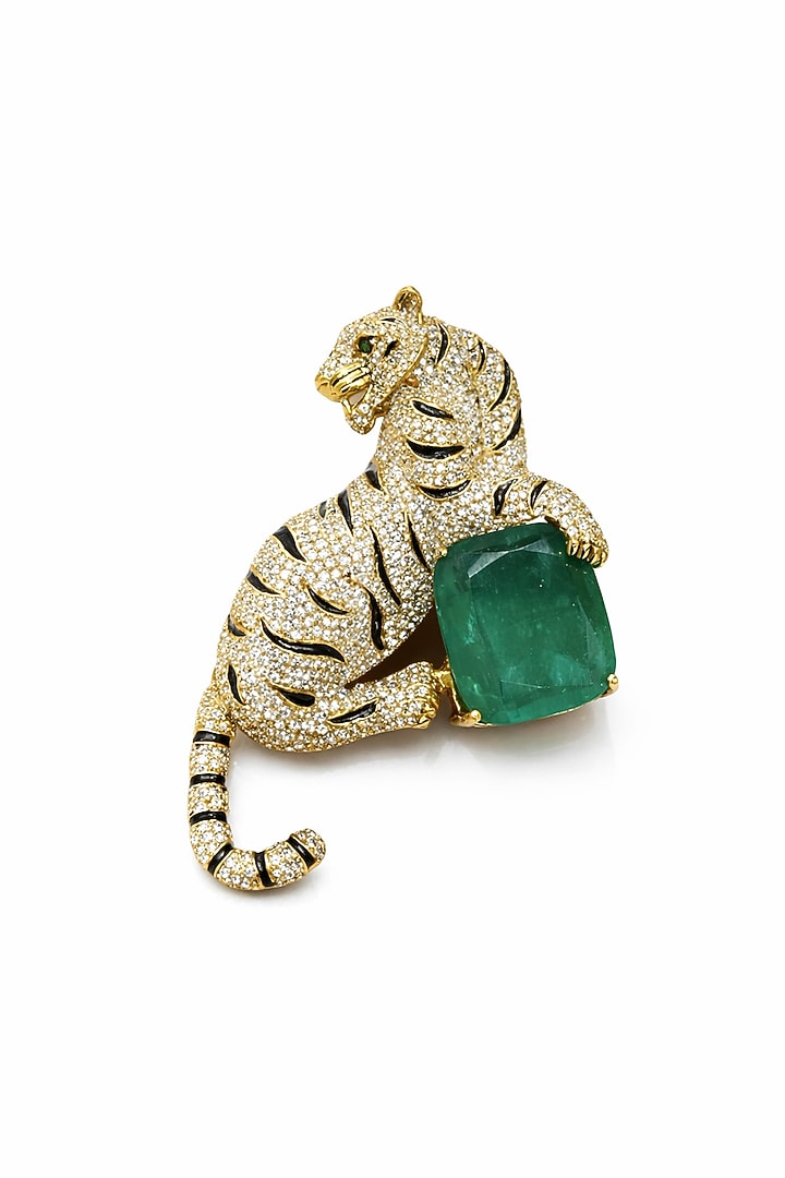 Gold Finish Emerald Doublet & CZ Stone Tiger Brooch by JewelTreeTz at Pernia's Pop Up Shop