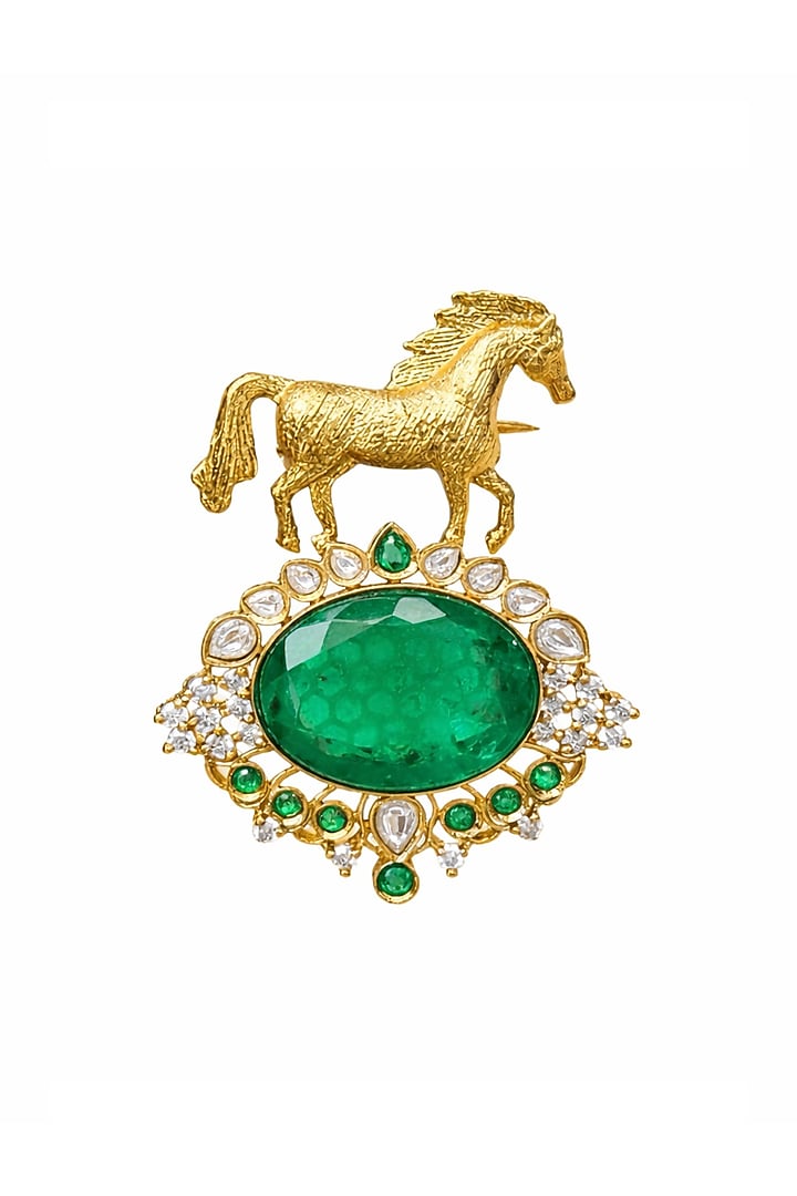 Gold Finish Emerald Doublet & Kundan Polki Horse Brooch by JewelTreeTz at Pernia's Pop Up Shop