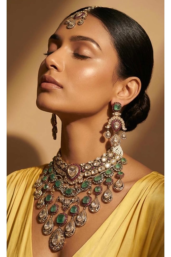 Gold Finish Emerald Doublet & Uncut Polki Necklace Set by JewelTreeTz at Pernia's Pop Up Shop