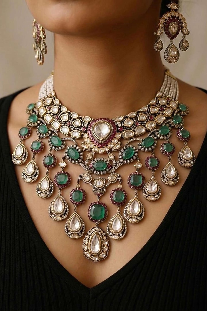 Gold Finish Emerald Doublet & Uncut Polki Necklace Set by JewelTreeTz at Pernia's Pop Up Shop