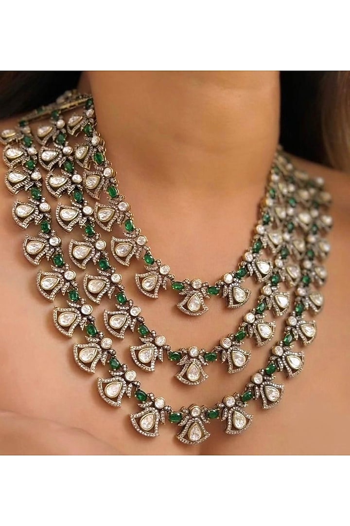 Gold Finish Uncut Polki & Emerald Layered Necklace by JewelTreeTz at Pernia's Pop Up Shop