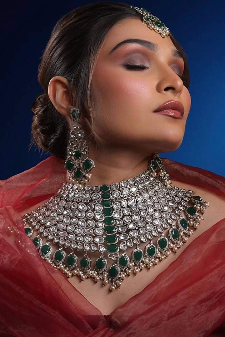 Gold Finish Moissanite & Emerald Doublet Necklace Set by JewelTreeTz at Pernia's Pop Up Shop