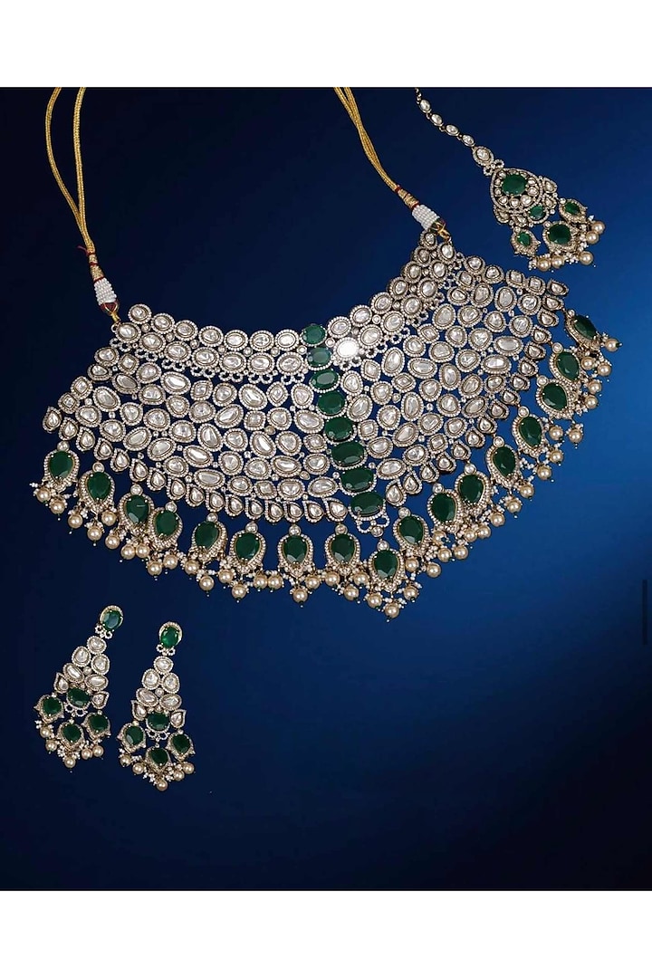 Gold Finish Moissanite & Emerald Doublet Necklace Set by JewelTreeTz at Pernia's Pop Up Shop