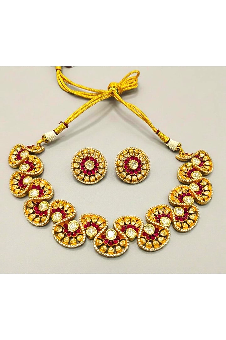 Gold Plated Moissanite & Ruby Stone Necklace Set by JewelTreeTz at Pernia's Pop Up Shop