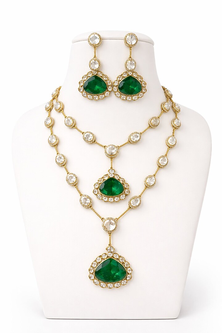 Gold Finish Moissanite & Emerald Stone Layered Necklace Set by JewelTreeTz at Pernia's Pop Up Shop