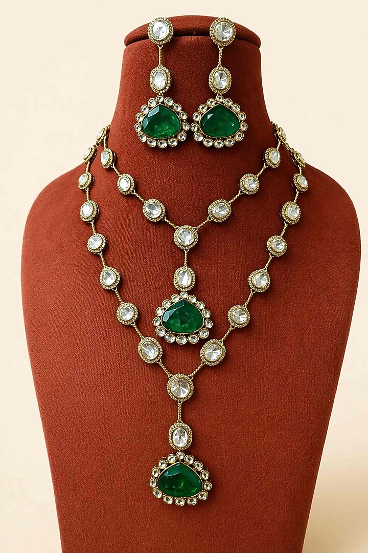 Gold Finish Moissanite & Emerald Stone Layered Necklace Set by JewelTreeTz at Pernia's Pop Up Shop