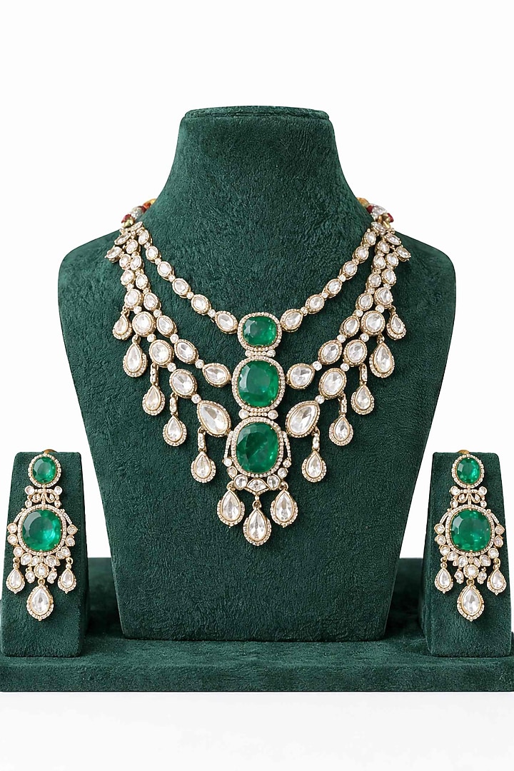 Gold Finish Moissanite & Emerald Stone Layered Necklace Set by JewelTreeTz at Pernia's Pop Up Shop