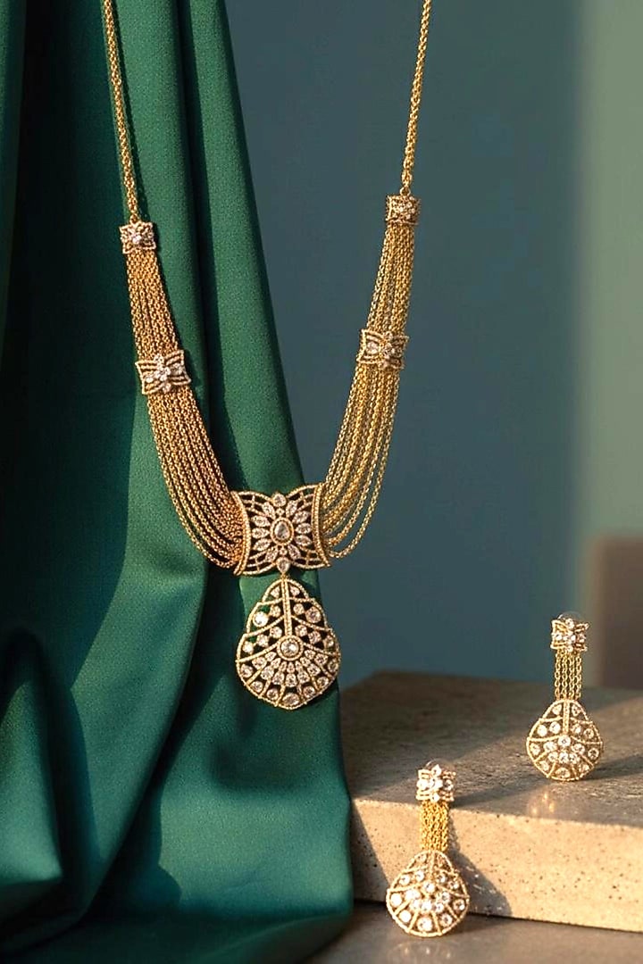 Gold Finish Moissanite Stone Necklace Set by JewelTreeTz at Pernia's Pop Up Shop
