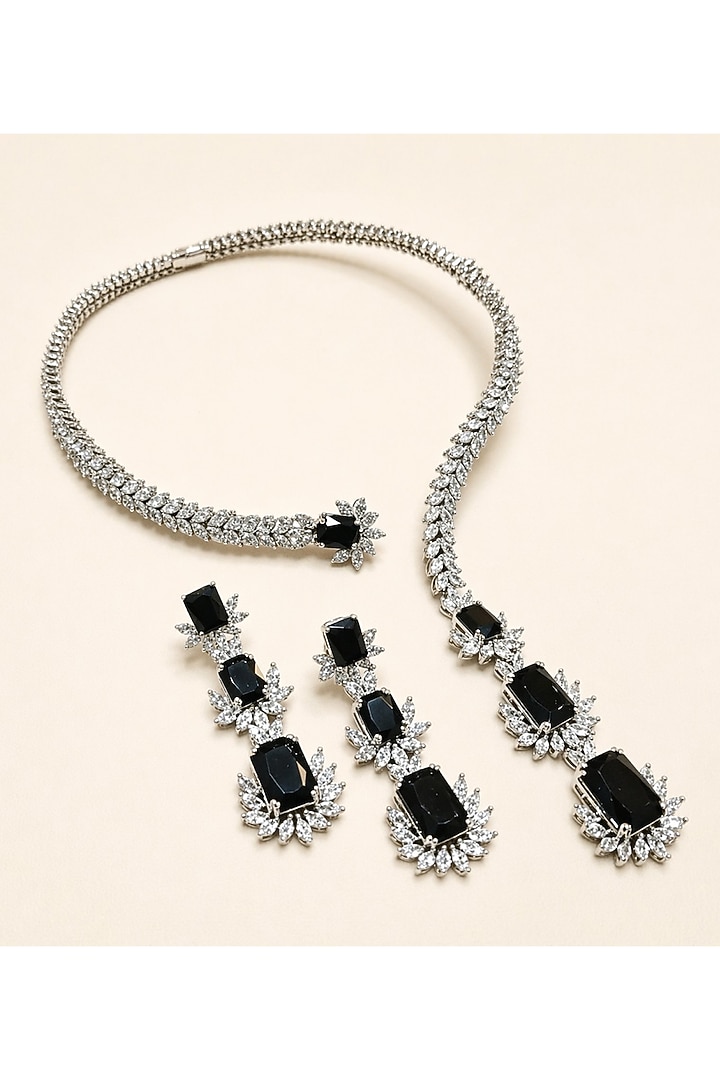 White Rhodium Finish Black Doublet & CZ Stone Necklace Set by JewelTreeTz at Pernia's Pop Up Shop