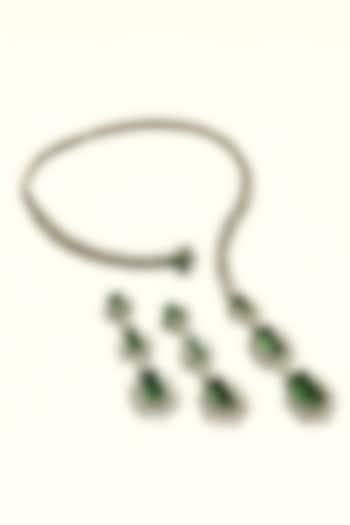 White Rhodium Finish Olive Green Sapphire & CZ Stone Open Necklace Set by JewelTreeTz at Pernia's Pop Up Shop
