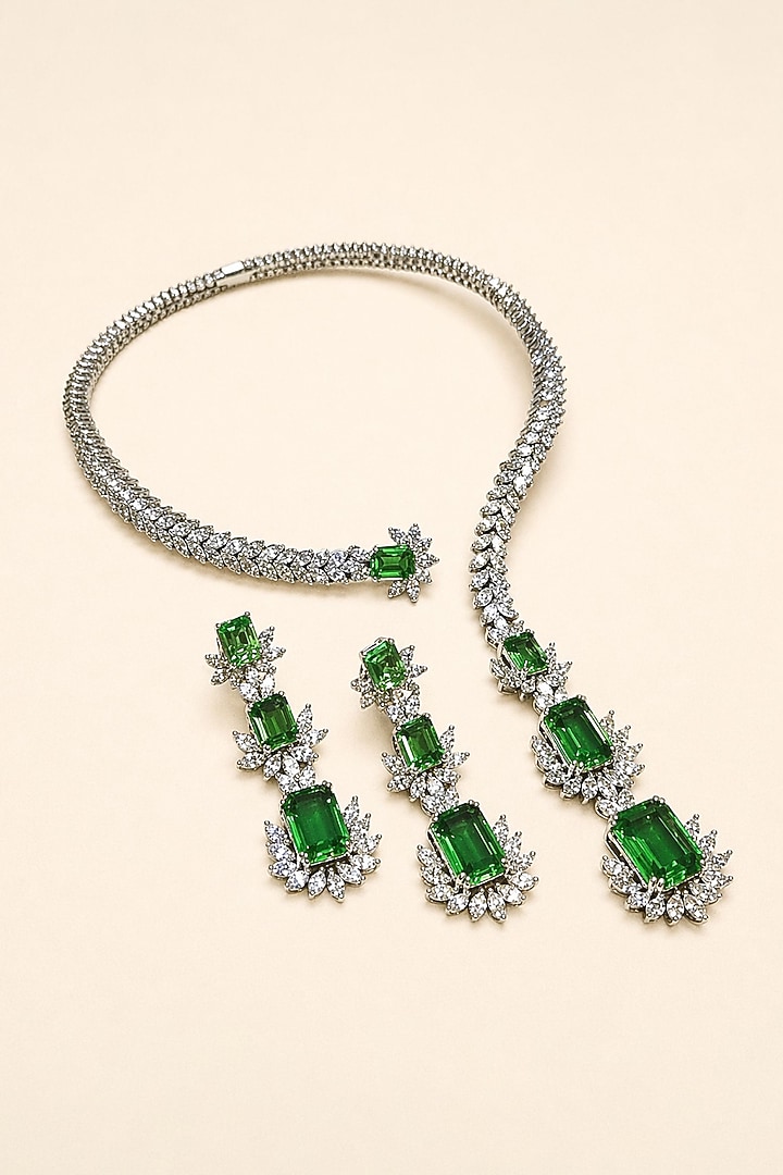 White Rhodium Finish Olive Green Sapphire & CZ Stone Open Necklace Set by JewelTreeTz at Pernia's Pop Up Shop