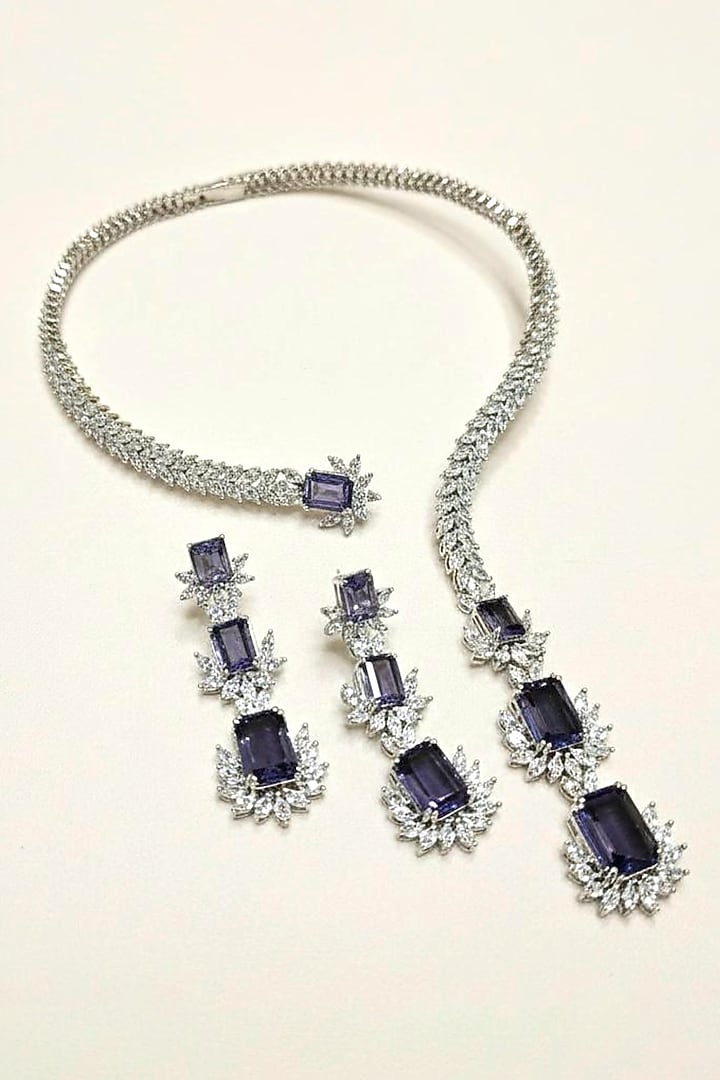 White Rhodium Finish Olive Amethyst Sapphire & CZ Stone Open Necklace Set by JewelTreeTz at Pernia's Pop Up Shop