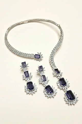White Rhodium Finish Olive Amethyst Sapphire & CZ Stone Open Necklace Set by JewelTreeTz