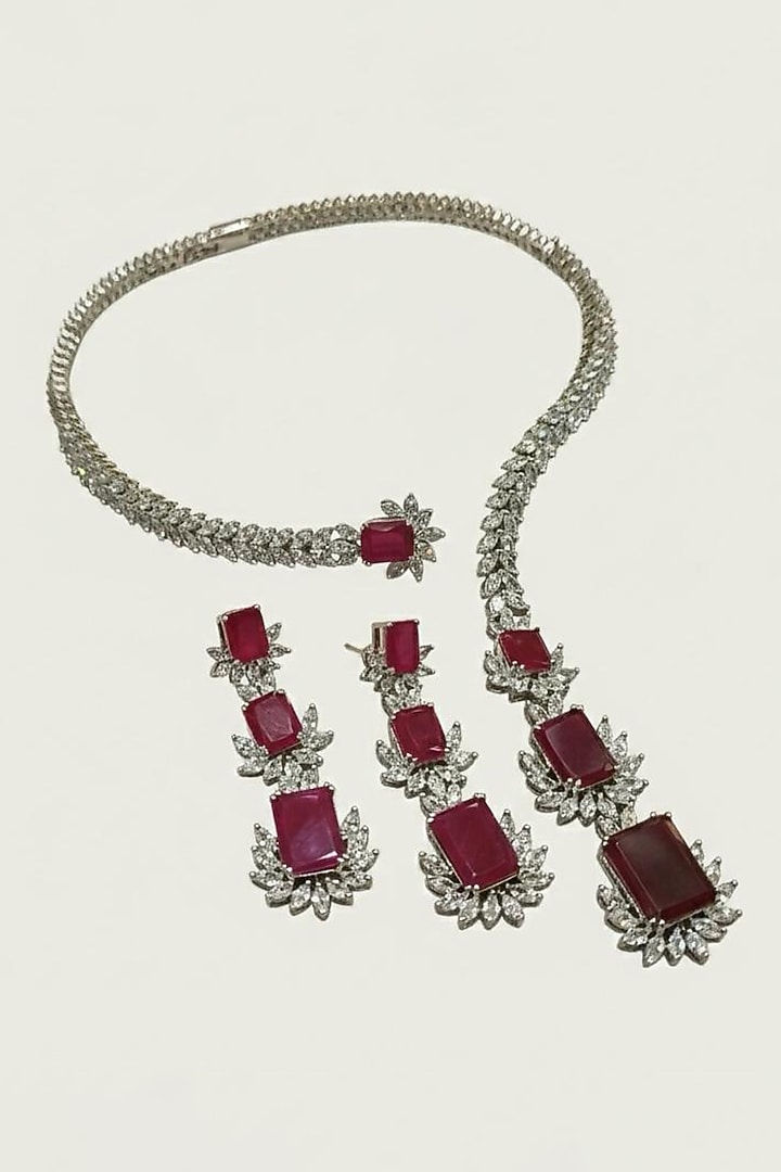 White Rhodium Finish Ruby & CZ Stone Open Necklace Set by JewelTreeTz at Pernia's Pop Up Shop