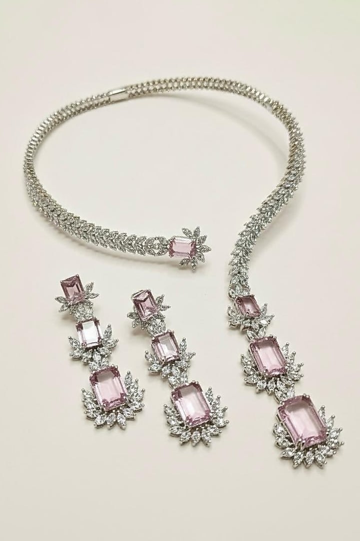 White Rhodium Finish Rose Doublet & CZ Stone Open Necklace Set by JewelTreeTz at Pernia's Pop Up Shop