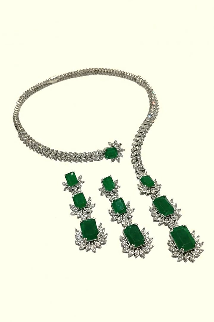 White Rhodium Finish Emerald Doublet & CZ Stone Open Necklace Set by JewelTreeTz at Pernia's Pop Up Shop