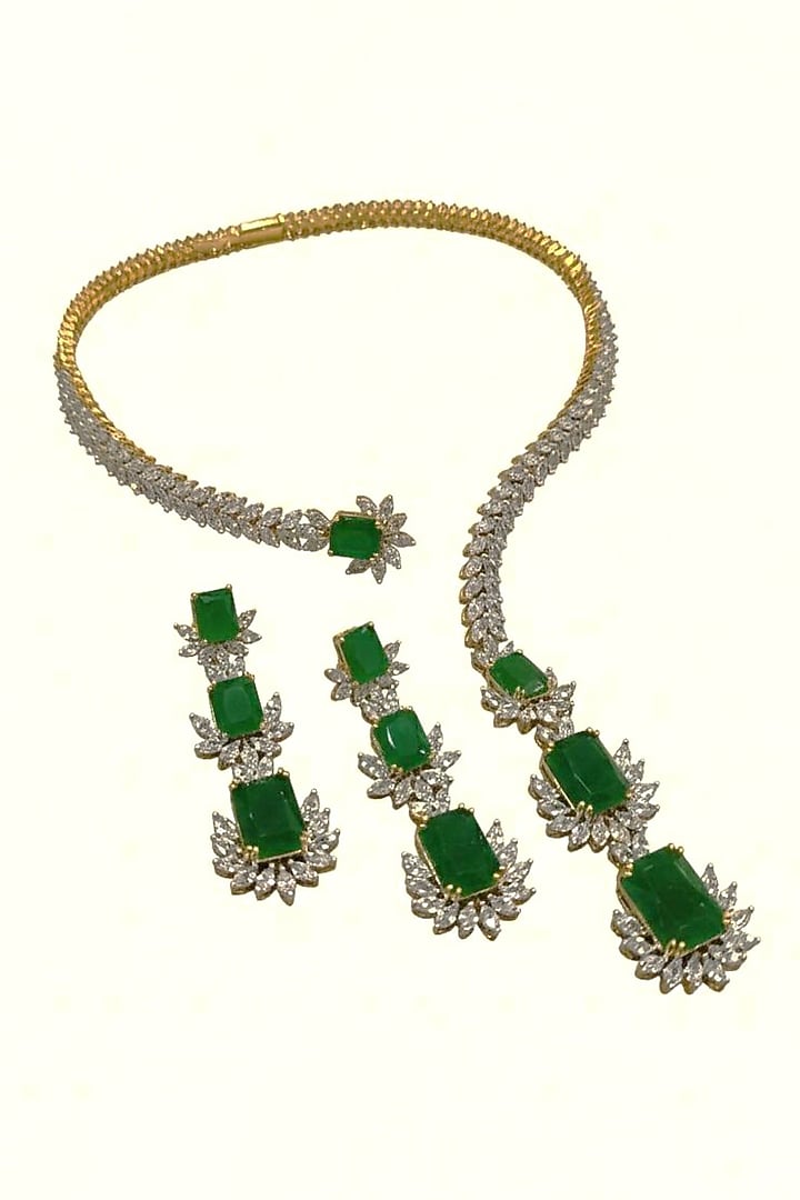 Gold Finish Emerald Doublet & CZ Stone Open Necklace Set by JewelTreeTz at Pernia's Pop Up Shop
