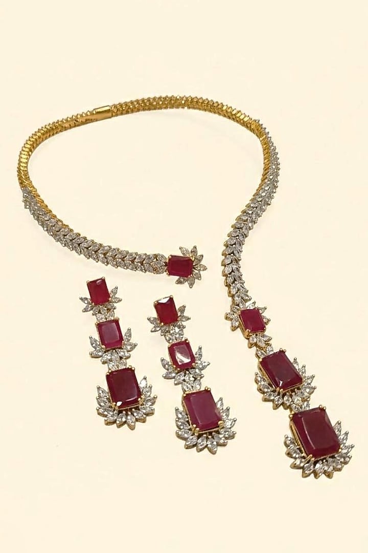 Gold Finish Ruby Doublet & CZ Stone Open Necklace Set by JewelTreeTz at Pernia's Pop Up Shop