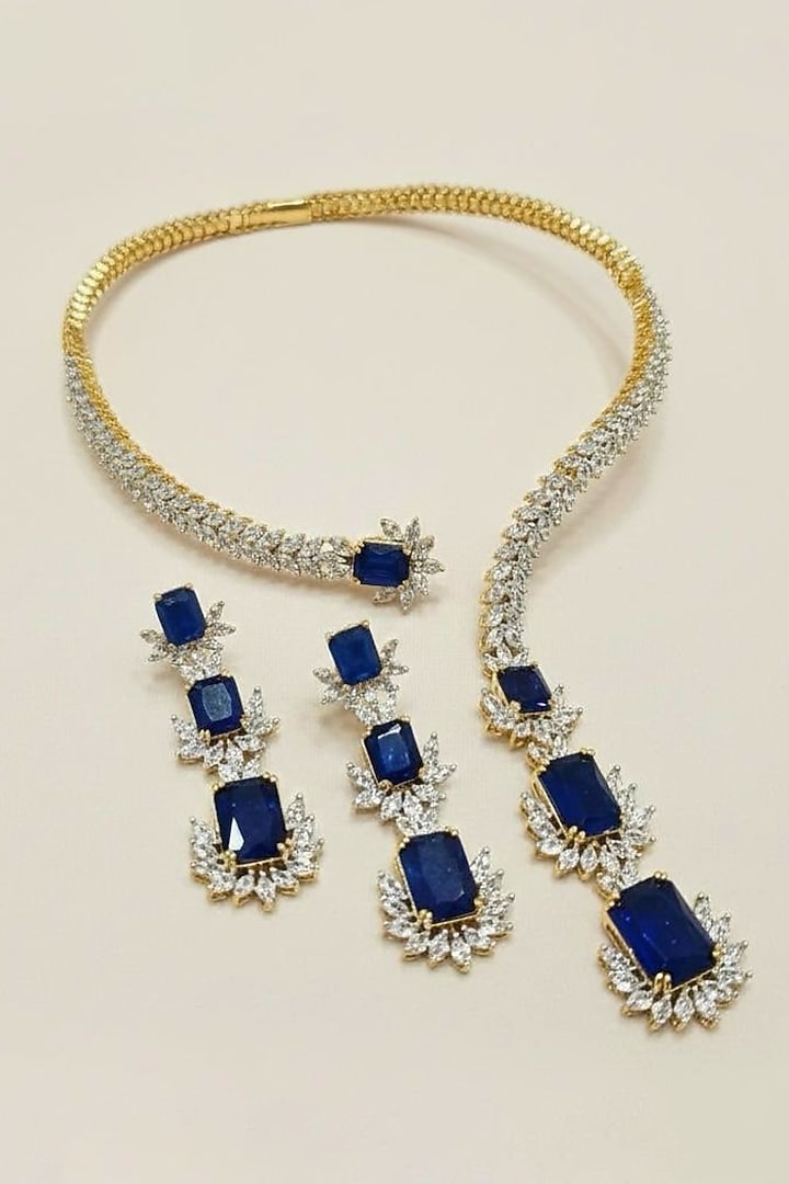 Gold Finish Deep Blue Doublet & CZ Stone Open Necklace Set by JewelTreeTz at Pernia's Pop Up Shop