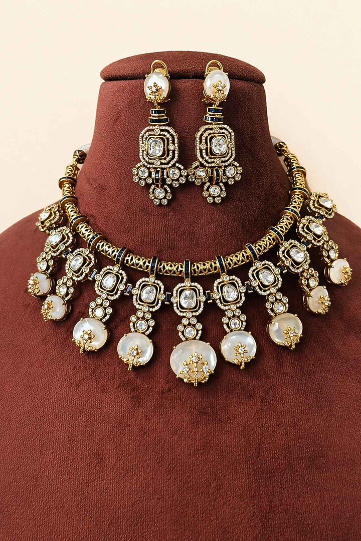 Gold Finish Moissanite & Smoky White Doublet Necklace Set by JewelTreeTz at Pernia's Pop Up Shop