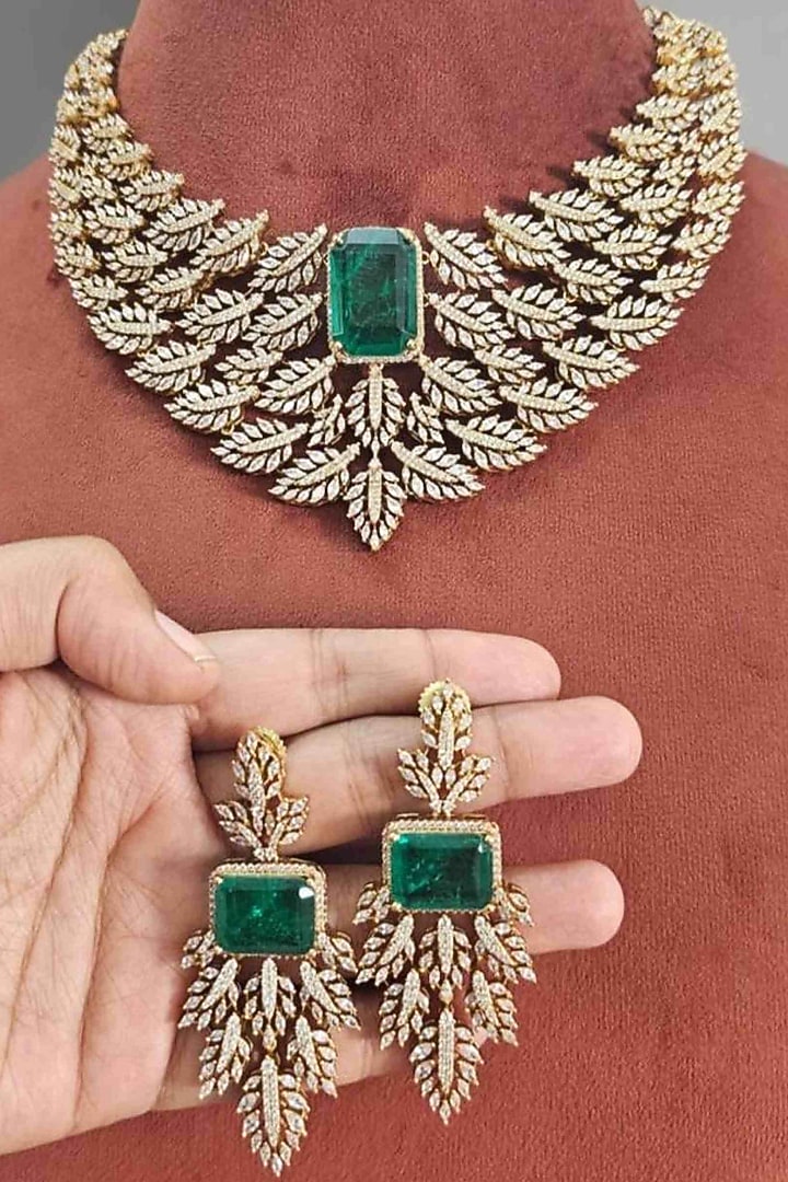 Gold Finish Emerald Doublet & CZ Stone Necklace Set by JewelTreeTz at Pernia's Pop Up Shop