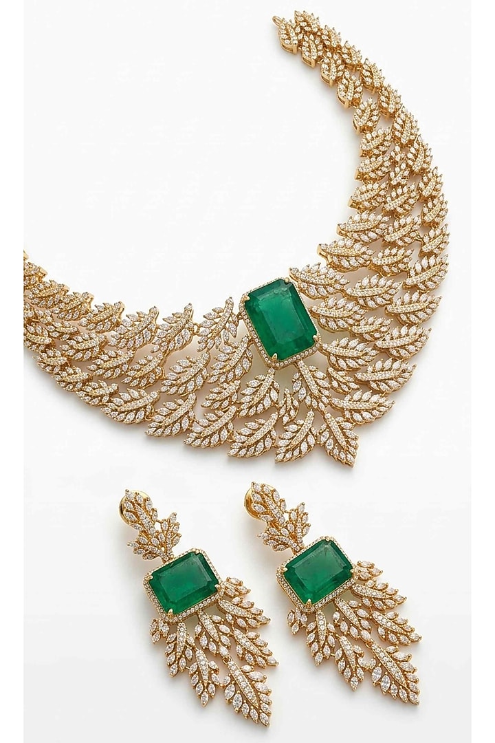 Gold Finish Emerald Doublet & CZ Stone Necklace Set by JewelTreeTz at Pernia's Pop Up Shop