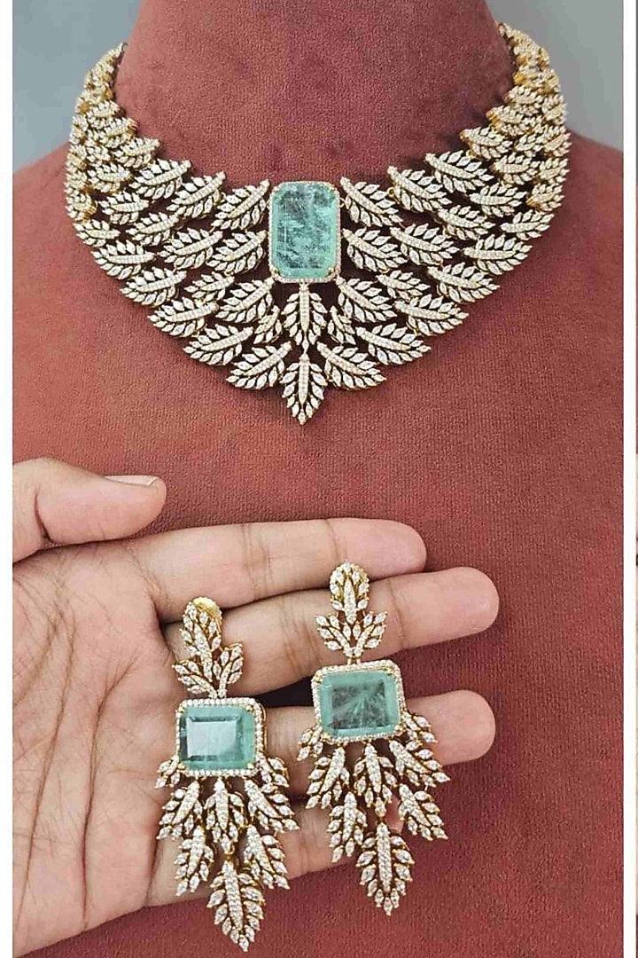 Gold Finish Mint Green Doublet & CZ Stone Necklace Set by JewelTreeTz at Pernia's Pop Up Shop