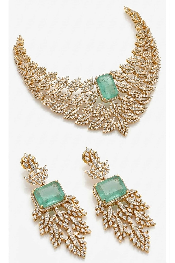 Gold Finish Mint Green Doublet & CZ Stone Necklace Set by JewelTreeTz at Pernia's Pop Up Shop