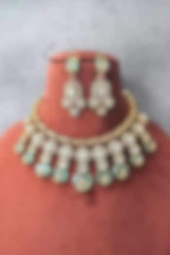Gold Finish Moissanite & Mint Green Doublet Stone Necklace Set by JewelTreeTz at Pernia's Pop Up Shop