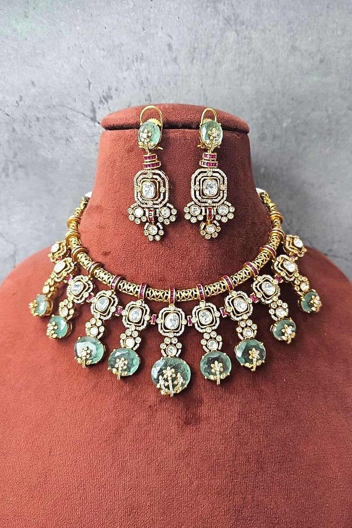 Gold Finish Moissanite & Mint Green Doublet Stone Necklace Set by JewelTreeTz at Pernia's Pop Up Shop