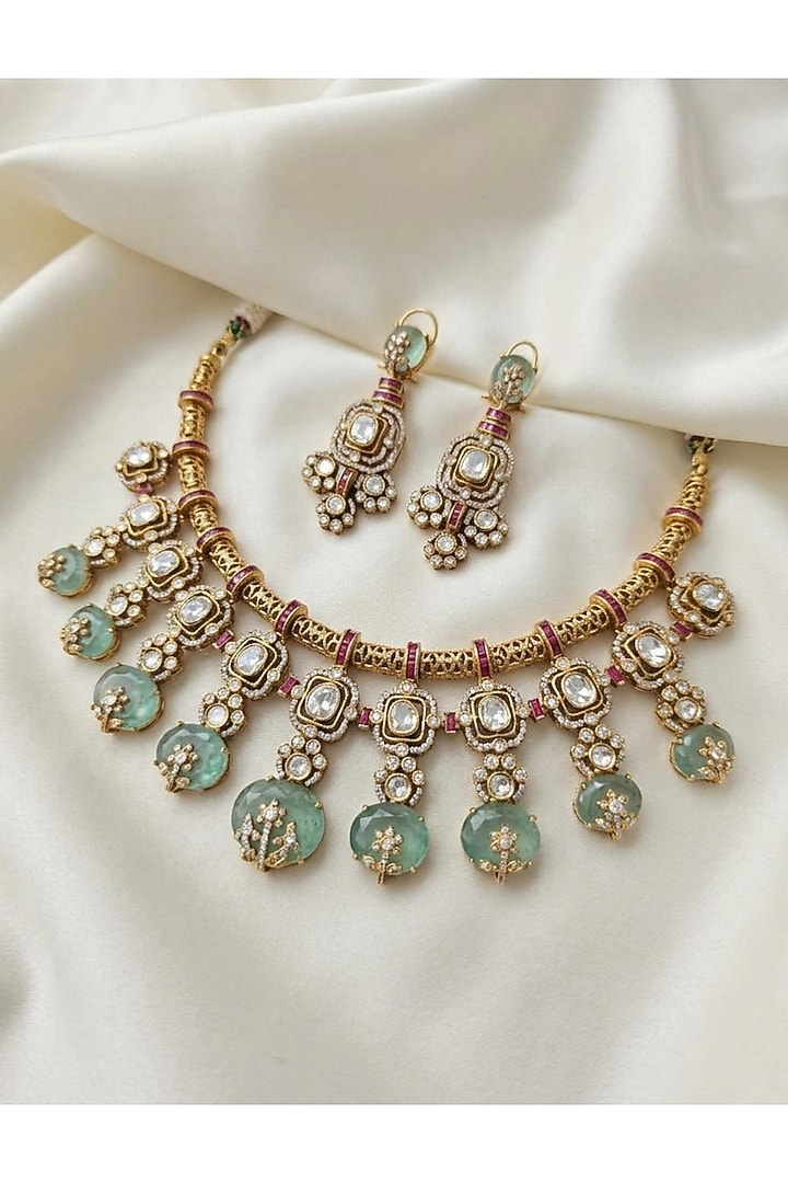 Gold Finish Moissanite & Mint Green Doublet Stone Necklace Set by JewelTreeTz at Pernia's Pop Up Shop