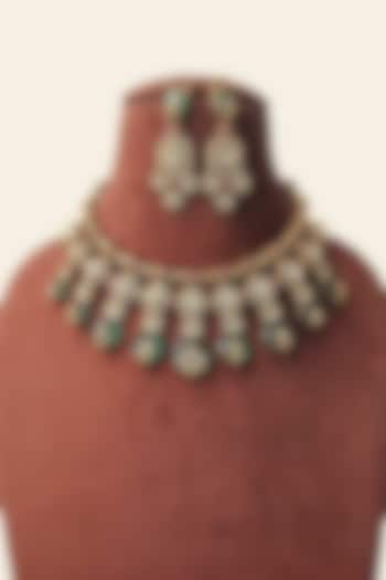 Gold Finish Moissanite & Emerald Green Doublet Stone Necklace Set by JewelTreeTz at Pernia's Pop Up Shop