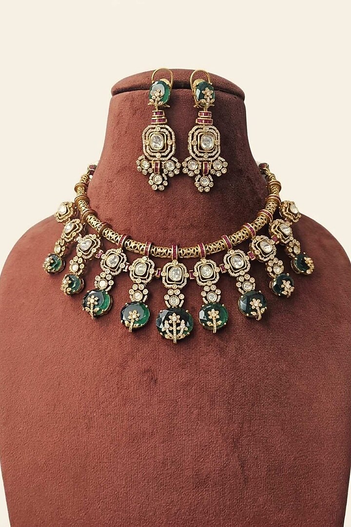 Gold Finish Moissanite & Emerald Green Doublet Stone Necklace Set by JewelTreeTz at Pernia's Pop Up Shop