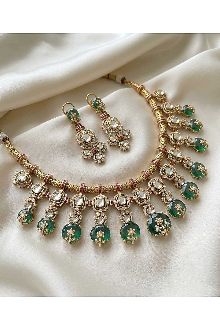 Gold Finish Moissanite & Emerald Green Doublet Stone Necklace Set by JewelTreeTz at Pernia's Pop Up Shop