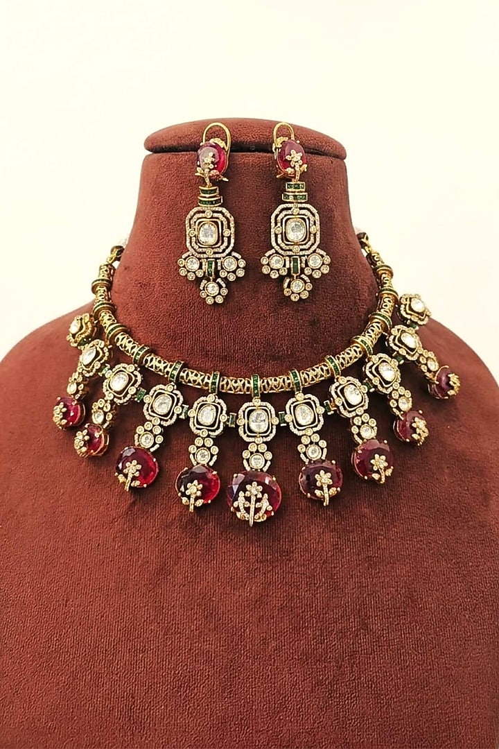 Gold Finish Moissanite & Ruby Doublet Stone Necklace Set by JewelTreeTz at Pernia's Pop Up Shop