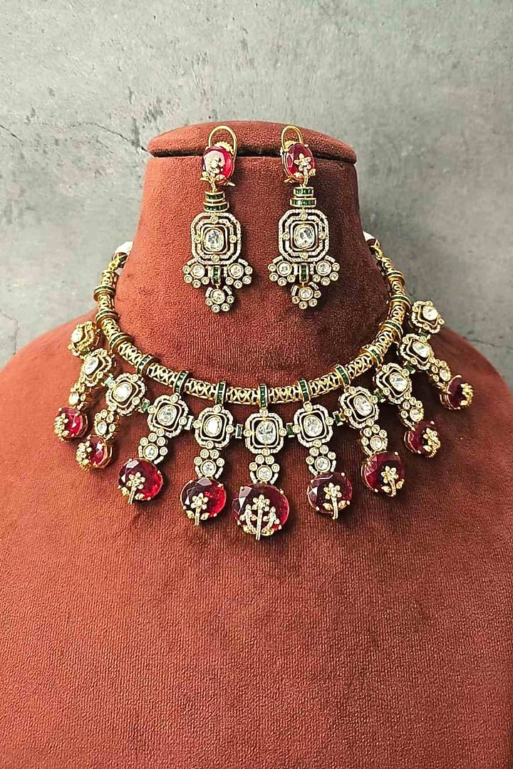 Gold Finish Moissanite & Ruby Doublet Stone Necklace Set by JewelTreeTz at Pernia's Pop Up Shop